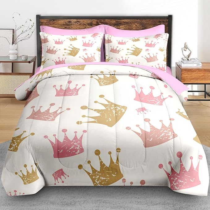 Comforter Set Queen Size, Cute Kids Crown 7 Pcs Bedding for Kids and Adults, Pink Princess Girls Bed Sheet Sets with Fitted Sheet 2 Pillowcase & 2 Sham for Bedroom Bed Decor