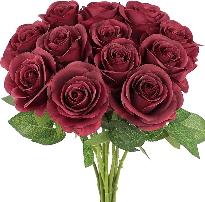12pcs Roses Artificial Flowers Fake Flowers with Long Stems Burgundy Silk Flowers for Wedding Bouquet Centerpices Decorations Party Bridal Baby Shower Home Decor