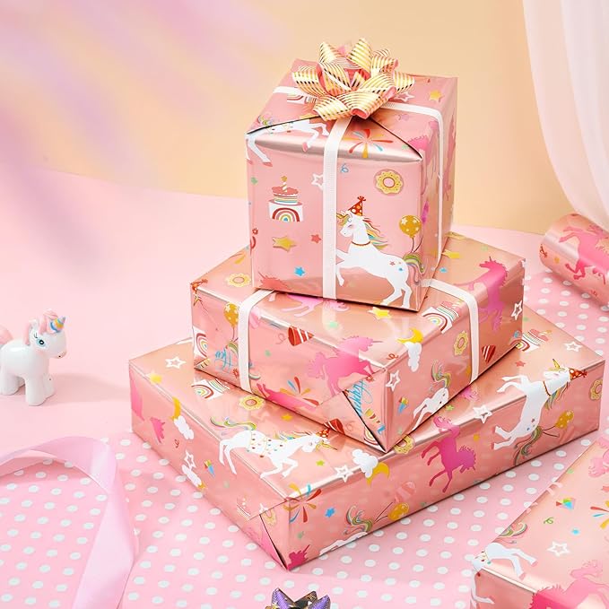 WERNNSAI Unicorn Gift Wrapping Paper Roll - 1 Roll 17” x 33 ft Baby Girl Pink Wrapping Paper for Kids Unicorn Birthday Party Decor Supply, Reversible Metallic Foil Dots Design Dream Princess Style