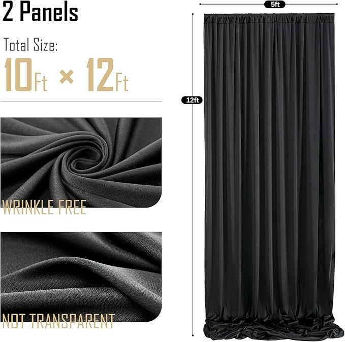 gogoparti 10 ft × 12 ft Black Backdrop Curtain for Wedding Parties, 2 Panels Wrinkle-Free 12 FT Long Polyester Photo Backdrop Drapes for Birthday, Baby Shower, Halloween Photography Background