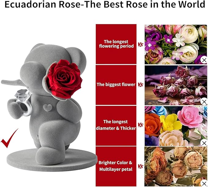 JoyFlower Cute Teddy Bear with Preserved Flowers, Eternal Real Red Rose with Promise Ring Gifts with Gift Box for Girlfriend Wife Women Her in Birthday Christmas, Valentine's, Weddings, Anniversary