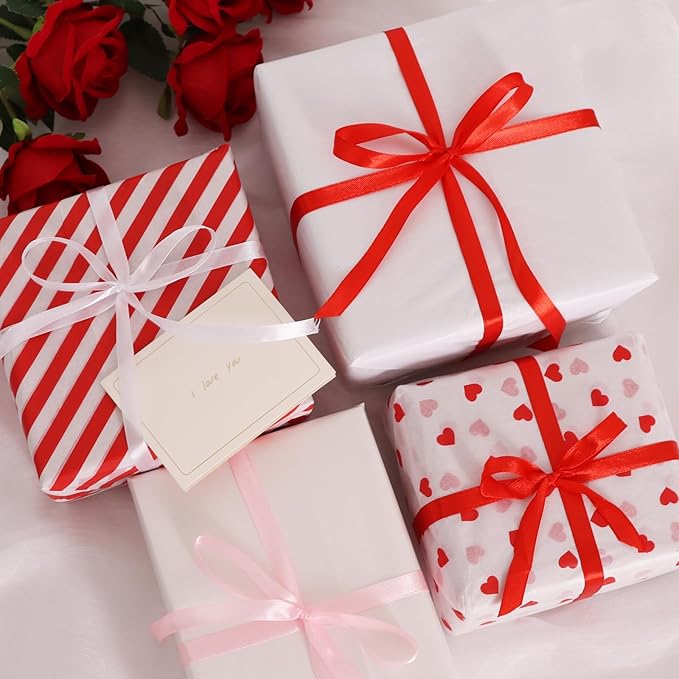 TONIFUL 5 Rolls Valentine Satin Ribbon Set - 3/8" x 25 Yards for Gift Wrapping, Crafts, Bouquet, Crafts, Bows Making, Wedding, Anniversary, Christmas Party Decoration (Red, Pink & White)