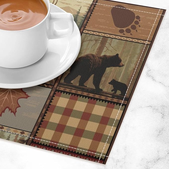 Retro Rustic Lodge Bears Placemats Set of 4, Vintage Cabin Farmhouse Country Style Place Mats, Heat Resistant Non Slip Cotton Linen Dining Table Mats for Home Kitchen 18x12 Inch