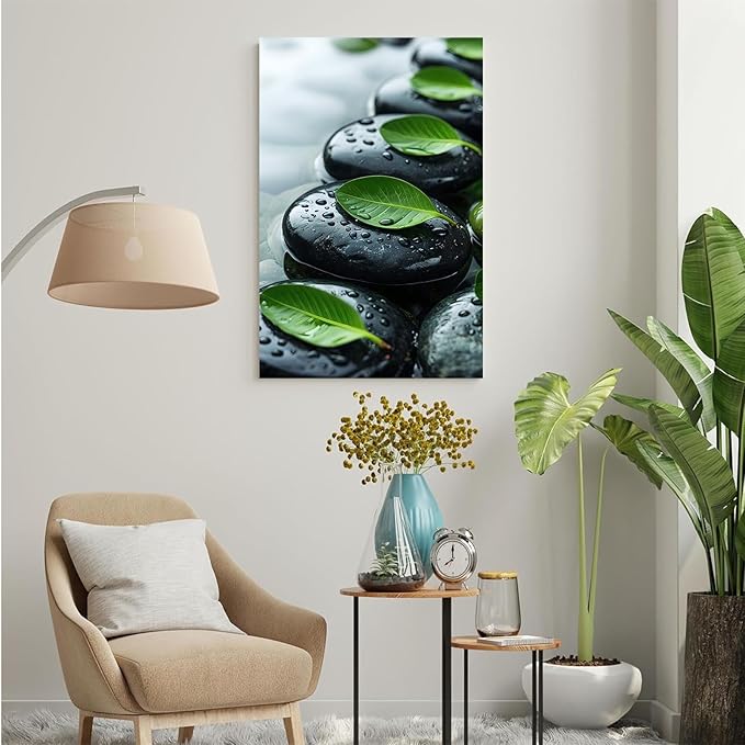 Glittering black stone cluster with fresh green leaves and water drops poster tranquil mist rain wall art zen wall art suitable for modern minimalist home decor 12x18in Frameless