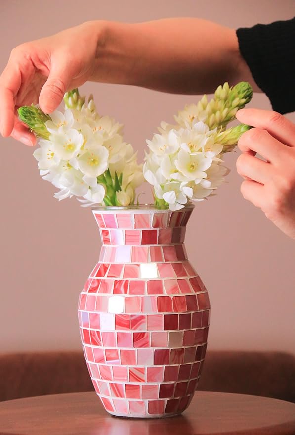 8" H Pink Mosaic Vase.Exquisite Craftsmanship.Decor Home Modern Midsize All Handmade Mosaic Vases .Beautiful Glass Vase for Home&Office Decor.Unique Gift