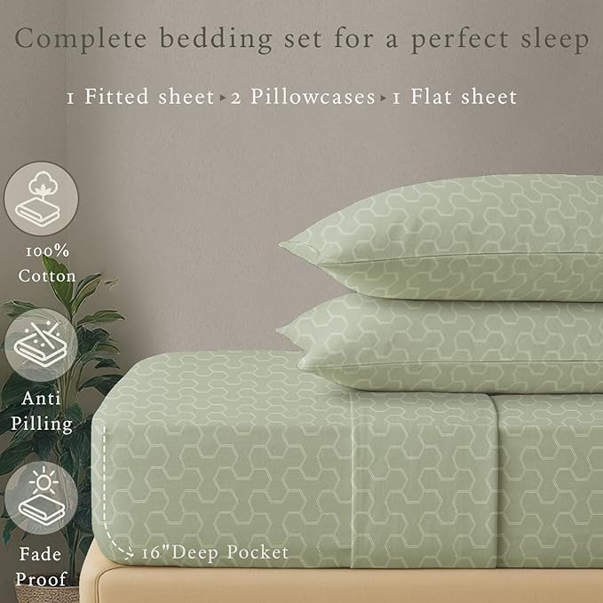 Threadmill 500 Thread Count Full Size 4 Pc Luxury Cotton Sheet Set, Jacquard Floria Sage Green, Silky Smooth Sheets with 16" Elasticized Deep Pocket, 2 Pillowcases & Free Tote Bag