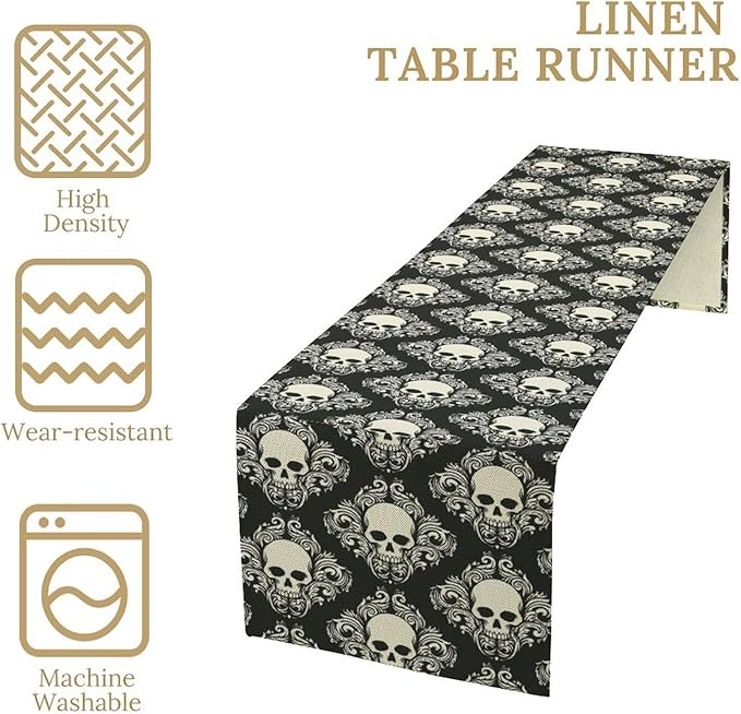 Gothic Table Runner,Dark Skull Pattern Table Runner for Home Kitchen Table Dining Garden Farmhouse Wedding Party Deco 13x90 Inch