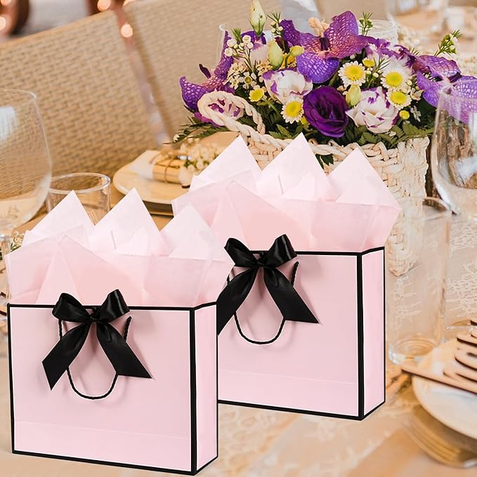 Pink Gift Bags 13”, 2 PCS Large Gift Bags with Handles for Girls Women, Portable Gift Bag Set with Tissue Paper Greeting Card and Bow Ribbon, Pink Paper Bags for Birthday Wedding Valentine's Day