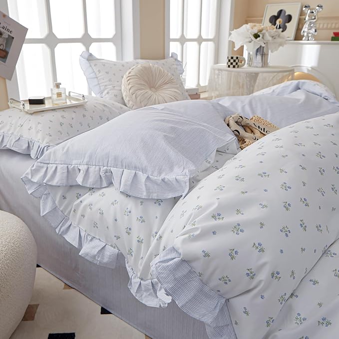 Blue Ruffle Duvet Cover Twin XL Soft White 100% Cotton Floral Duvet Cover Cute Blue Flower Comforter Cover Romantic Princess Lace Bedding Set Vintage Botanical Comforter Cover for Kids Girl Teen