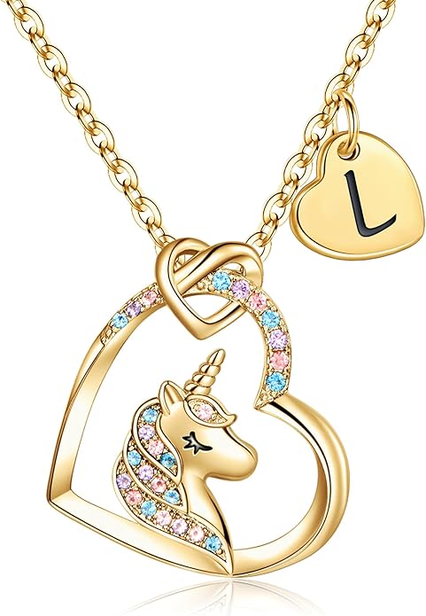 Hidepoo Stocking Stuffers for Teen Girls Kids - Colorful CZ Heart Pendant Initial Unicorn Necklaces for Girl Jewelry Birthday Gift Christmas Gifts for Grandkids Girls Kid