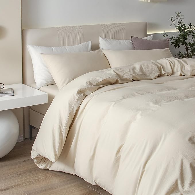 JIYUAN 100% Washed Cotton Duvet Cover Set 3 Pieces Full, 1 Duvet Cover 80x90 Inches(Comforter Not Included) and 2 Pillowcases,Linen Feel Bedding Set Comfy and Breathable,Heathered Beige