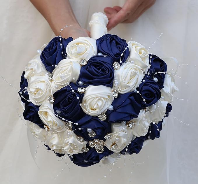 Bridal Wedding Bouquet Round Bling Brooch Bouquet Throw Toss Artificial Rose Flower Bunch for Bride Bridesmaid Wedding Quinceanera(Navy Blue & Ivory, 7.5")