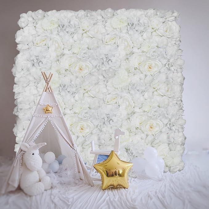 REHOUPTU 6PCs Flower Wall Panels Floral Backdrop, Realistic Flower Wall Decor, Silk Rose Wall, 23.6 * 15.7 in Artificial Flower Wall Backdrop Faux Flower Panel for Wedding, Home Decor (Ivory White)
