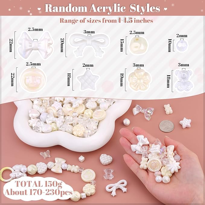 Assorted Acrylic Beads, 200-260PCS White Cute Beads for Bracelet Making, GummyBear Bow Flower Candy Kawaii Charms for Jewelry Making DIY Necklace Keychain Phone Charm Christmas Gift
