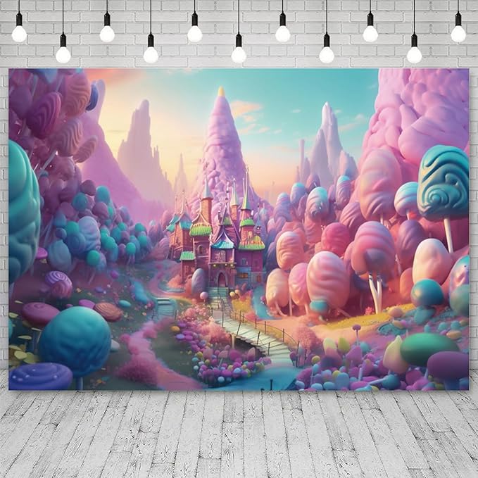20x10ft Candyland Backdrop Fantasy Candy Castle Photography Background Sweet Lollipop Dream Blue Sky Cartoon Kids Birthday Banner Decorations Baby Shower Newborn Portrait Photo Booth Prop