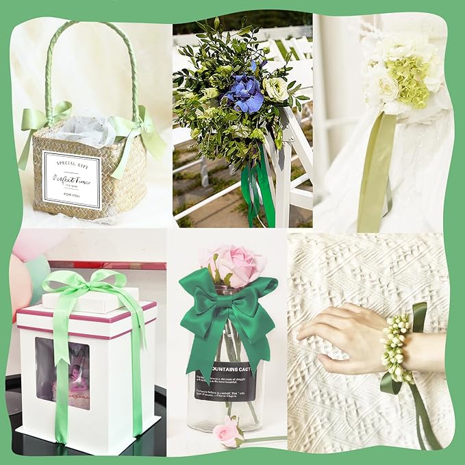 150 Yards Green Satin Ribbon 1-1/2 Inch 6 Rolls Assortment Ribbons for Crafts Gift Wrapping Flower Bouquet Wedding Invitations Birthday Party Festival Decoration Hair Bows