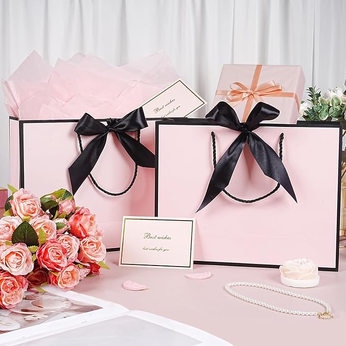 Pink Gift Bags 13”, 2 PCS Large Gift Bags with Handles for Girls Women, Portable Gift Bag Set with Tissue Paper Greeting Card and Bow Ribbon, Pink Paper Bags for Birthday Wedding Valentine's Day