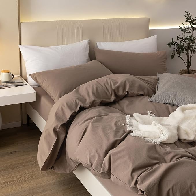 JIYUAN 100% Washed Cotton Duvet Cover Set 3 Pieces Queen, 1 Duvet Cover 90x90 Inches(Comforter Not Included) and 2 Pillowcases,Linen Feel Bedding Set Comfy and Breathable,Light Brown