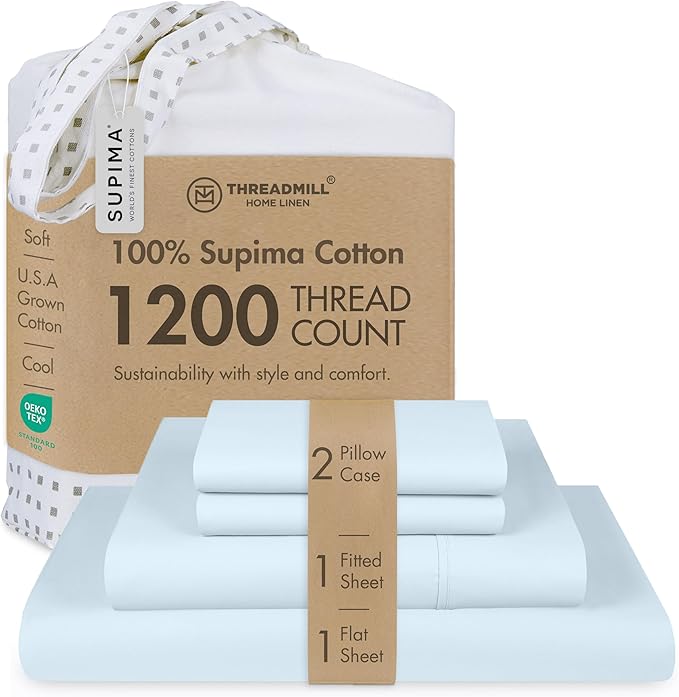 Threadmill Luxury Full Size Sheets for Full Size Mattress, 1200 Thread Count Supima Cotton Sheets for Full Mattress, 5-Star Hotel Quality 4 Piece Bed Sheets with Extra Deep Pocket, Light Blue