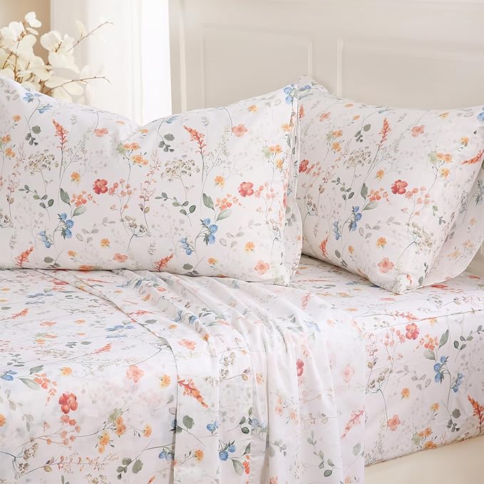 Zusbest Floral Bed Sheets King Size Percale Cotton Orange Blue Flower Sheets Set Green Botanical Printed on White Patterned Deep Pocket Fitted Sheets, Crisp Soft Breathable for Hot Sleepers, 4 Pcs