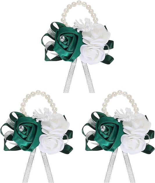 MECCANIXITY 3Pcs Wrist Corsage Artificial Flower Bracelets Rose Wrist Bride Groom Decorative for Wedding Ceremony Prom Party Anniversary Dark Green