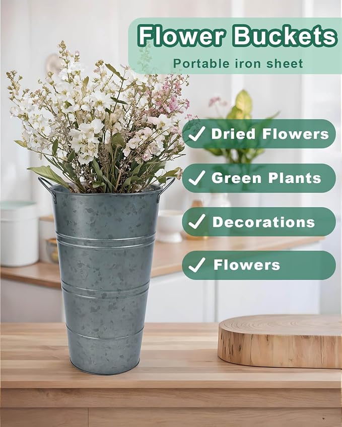 12 Inch Galvanized Metal Vases for Flowers - 6 Pcs Farmhouse Decorative Tall Flower Bucket with Handles, Rustic French Tin Planter Buckets for Wedding Decor (Galvanized Black)