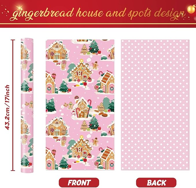WERNNSAI Christmas Wrapping Paper - 1 Roll 17”x 33 ft Gingerbread House Wrapping Paper Roll Reversible Christmas Tree Gift Wraps for Kids Girls Xmas Winter Holiday Party Pink Polka Dot Design