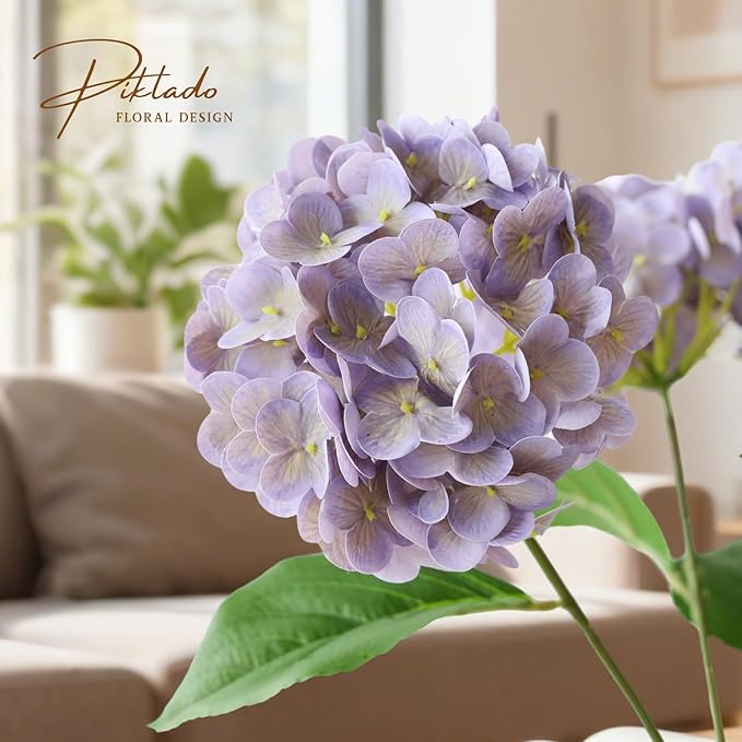 2 Bunchs 21in,Light Purple Real Touch Hydrangea Artificial Flowers,with 10pcs Flower Heads 20pcs Green Leaves, Faux Hydrangea Flowers,for Home Office Decor Wedding Party Arrangements