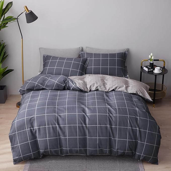 SAPHREAS Boy Gray Plaid Duvet Cover Set Twin Size 2pcs Dark Grey Grid Bedding Comforter Cover Set 1 Duvet Cover 1 Pillow Sham