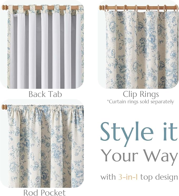 jinchan Blackout Linen Blend Curtain Floral Blackout Curtains for Living Room 63 Inch Length Blue Printed with Lined Blackout Curtain for Bedroom Farmhouse Curtains Set 2 Panels