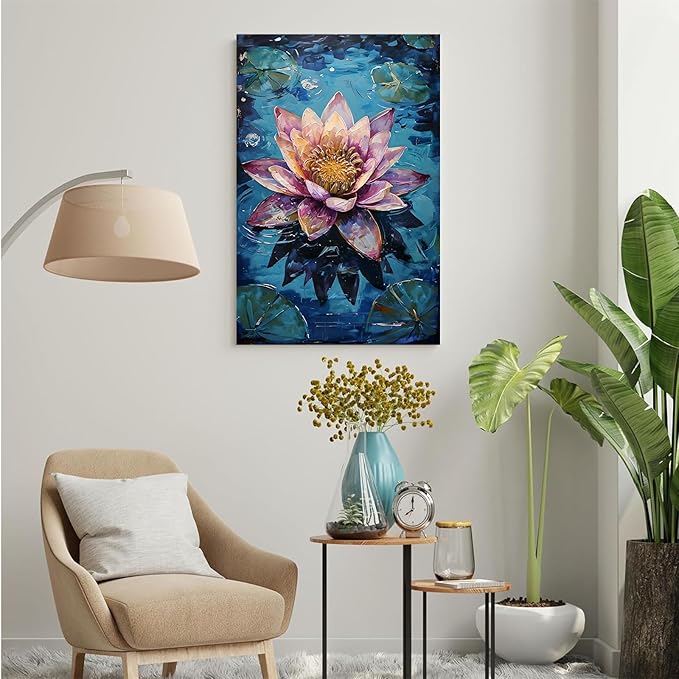 Gorgeous pink and purple water lilies on deep blue water Eye-catching oil painting Serene aquatic wall art for modern home decor 20x30in Wood Framed