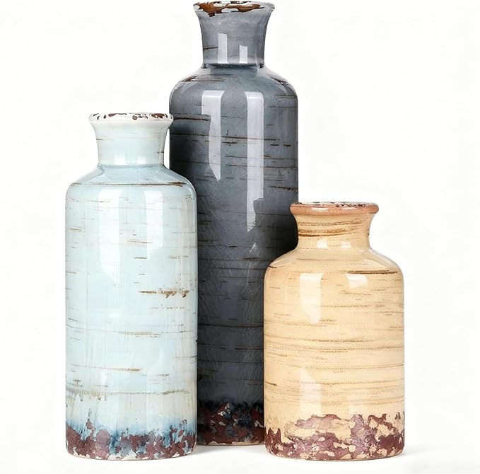 Ceramic Vase Set of 3 - Coastal Multicolor Decorative Vases for Home Decor, Rustic Farmhouse Boho Vases for Living Room, Mantel, Dining Table, Bookshelf, Kitchen or Entryway Decoration