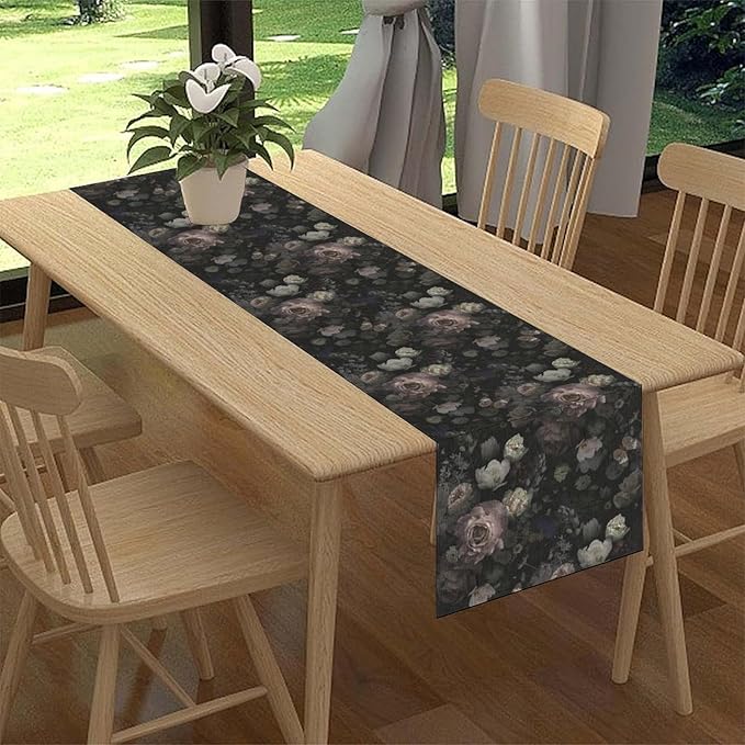 Gothic Floral Table Runner, Vintage Garden Flower Black Witchy Farmhouse Coffee Table Center Decor for Home Kitchen Dining Patio Holiday Party Table Decorations 13x108 inches