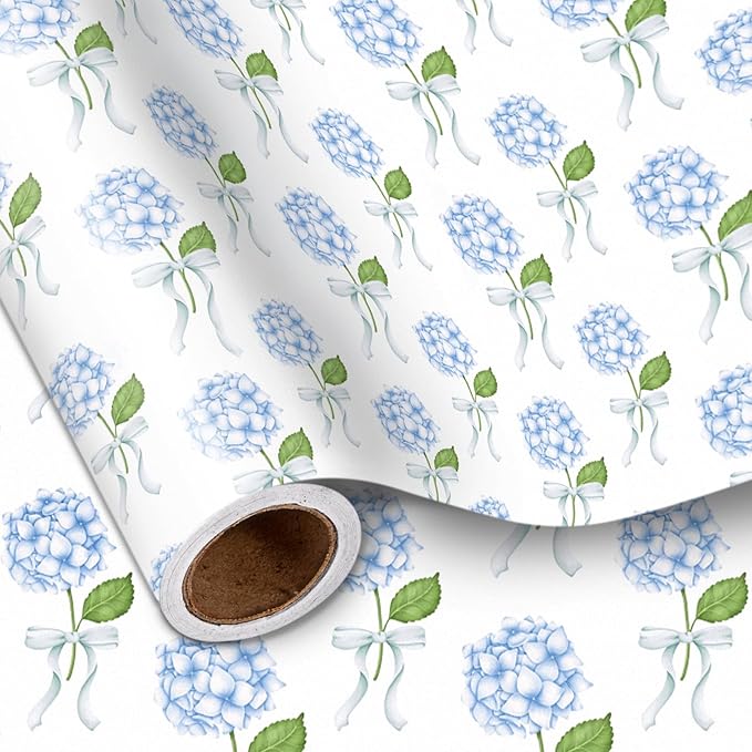 LeZakaa Blue Hydrangea Wrapping Paper Roll for Girls Women, Hydrangea Flowers & Bows Design for Wedding, Bridal Shower, Baby Shower, Mother's Day, DIY Bouquet, Mini Roll, 17 inches x 16.4 Feet
