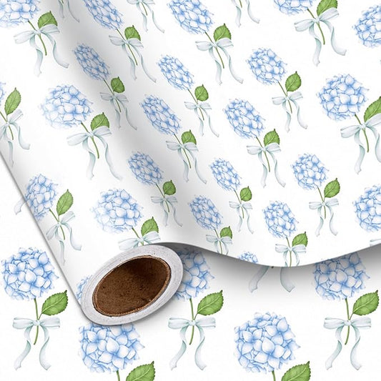 LeZakaa Blue Hydrangea Wrapping Paper Roll for Girls Women, Hydrangea Flowers & Bows Design for Wedding, Bridal Shower, Baby Shower, Mother's Day, DIY Bouquet, Mini Roll, 17 inches x 16.4 Feet