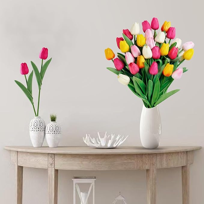 Sggvecsy 15 Pcs Fake Tulips Artificial Flowers Real Touch PU Faux Flowers Tulip Stems for Wedding Spring Bouquet Floral Arrangement Home Office Party Decorations for Mother's Day (Multi Colors)