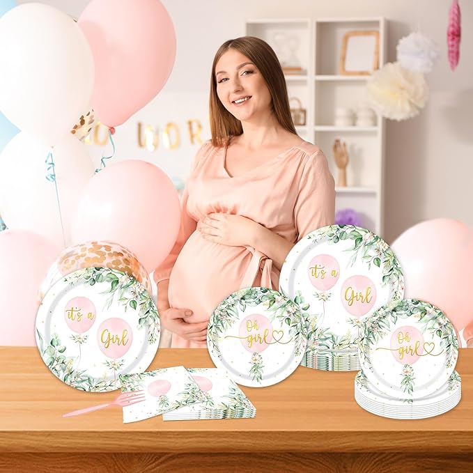 96Pcs Oh Girl Watercolor Pink Balloon Party Supplies Greenery Girls Baby Shower Party Plates Napkins Tableware Botanical Eucalyptus Baby Shower Party Favor