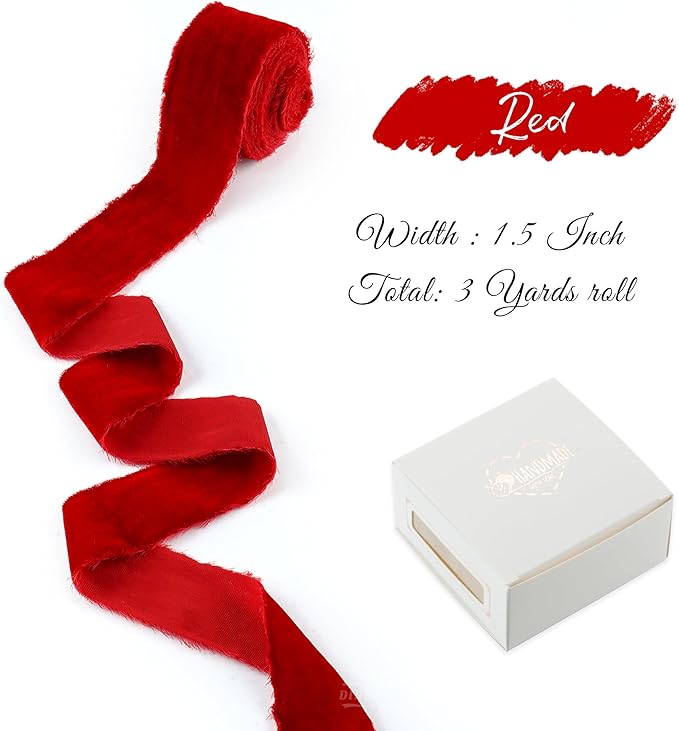 Red Velvet Ribbon for Christmas Decorations 1.5 Inch Raw Edge Rustic Frayed Silk Velvet Ribbon for Gift Wrapping Boho Wedding Vow Books -3yards