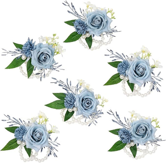 Serwalin 6 PCS Wrist Corsages for Wedding, Girl/Mother Bride Bridesmaids Corsages Wristlet Decor for Prom Wedding Anniversary Homecoming (Blue & Dusty Blue)