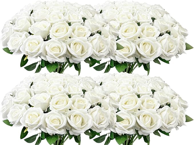 Wondrus Bulk Artificial Flowers 100 PCS, Fake Velvet Silk White Roses with Long Stems Realistic Bouquet for Wedding Centerpieces, Faux Arrangement for Home Table Decor