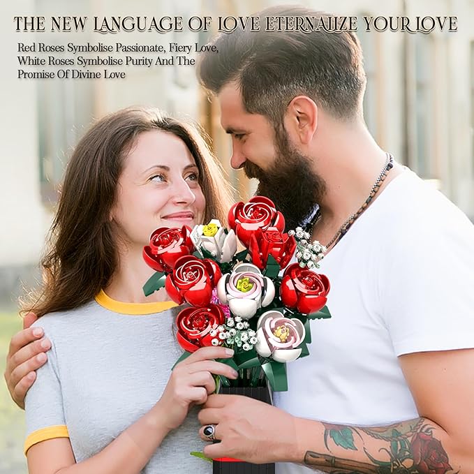 Roses Flower Bouquet Building Kit for Adults, Kids, 841PCS DIY Flowers Bouquet Building Set with Vase, Roses Artificial Flowers Building Set, Gifts Ideas for Anniversaries, Birthday, Wedding