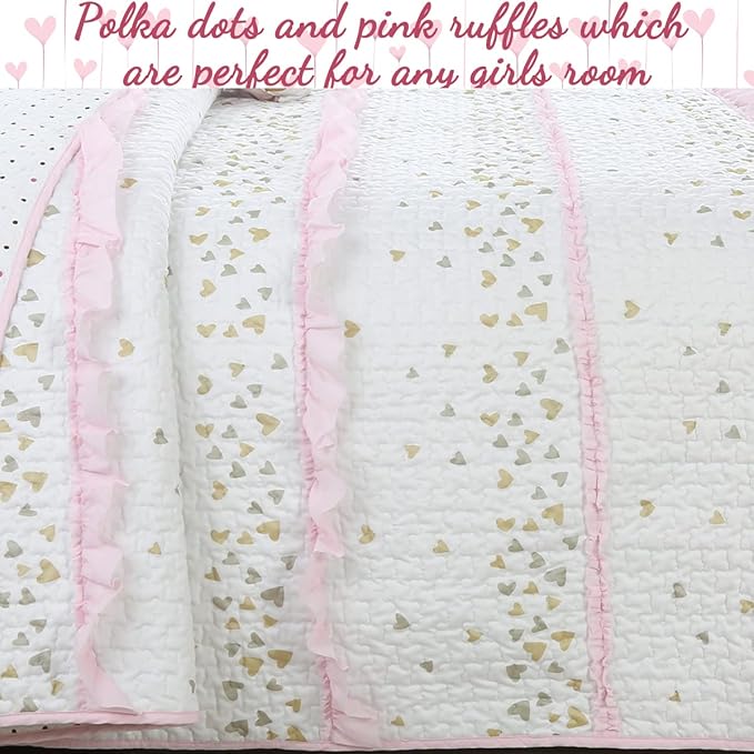 Cozy Line Home Fashions Pink Ruffle Gold Hearts Girl 100% Cotton Reversible All-Season Coverlet, Bedspread, Quilt Bedding Set (Sparkling Hearts, Queen - 5 Piece: 1 Quilt + 2 Shams + 2 Decor Pillows)