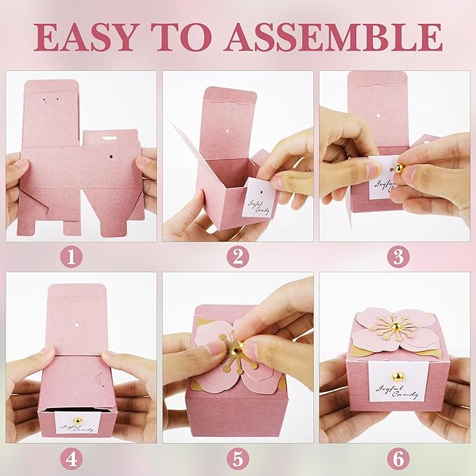 Linkidea 20 Pcs Pink Floral Folding Candy Gift Boxes 2.55" x 2.55" x 1.77" for Wedding Favors, Elegant Party Thank You Boxes with Tags