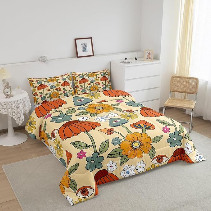 Castle Fairy Retro Flowers Comforter Set Twin Size,70s Floral Mushroom Quilt Set for Kids Boys Bedroom Collection,Art Hippie Plant Eye Print Polyester Bedding with 1 Pillowcase,2Pcs