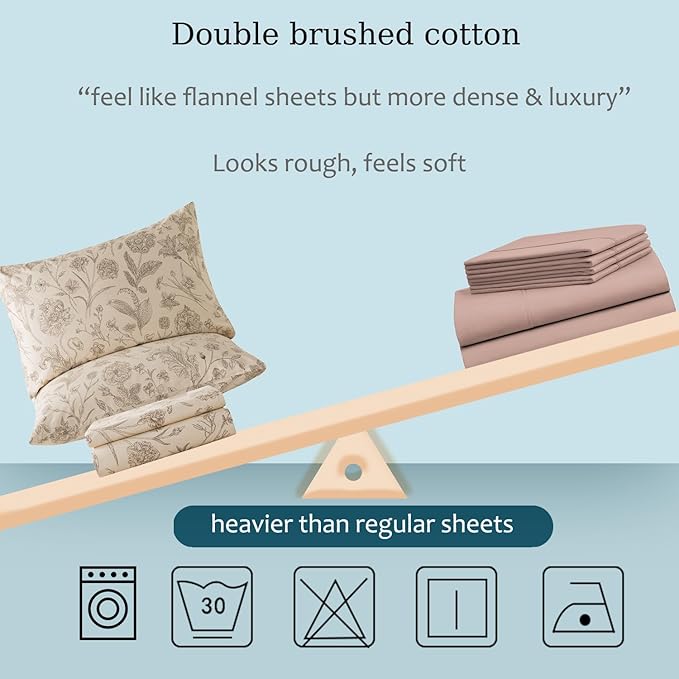 Zusbest California King Size Sheet Sets 100% Percale Cotton Beige Floral Bed Sheet, Brushed Extra Softness, Breathable Toile Flannel Sheets Like Khaki Flower Print Deep Pocket Sheets 17.5'' 4 Pcs