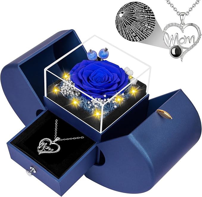 Gifts for Mom from Daughter and Son, Unique Mother Birthday Gift Idea, Preserved Blue Real Roses with I Love You in 100 Languages Mom Necklace, Cool Present to Mother Mama-Blue