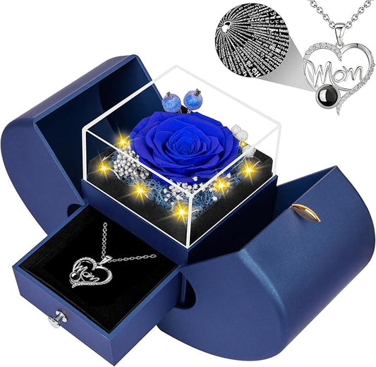 Gifts for Mom from Daughter and Son, Unique Mother Birthday Gift Idea, Preserved Blue Real Roses with I Love You in 100 Languages Mom Necklace, Cool Present to Mother Mama-Blue