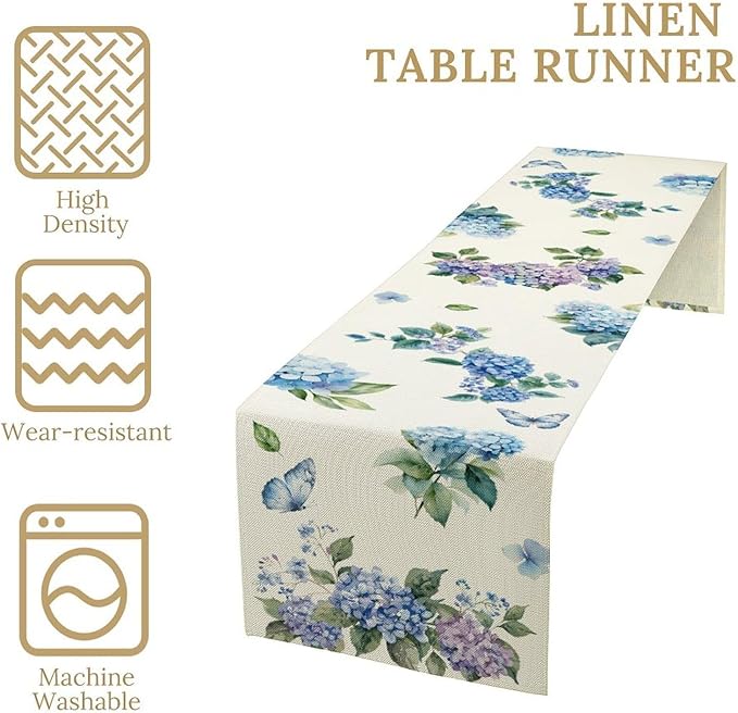 Blue Floral Table Runner, Spring Summer Watercolor Hydrangea Flower Butterfly Country Farmhouse Coffee Table Center Decor for Home Kitchen Dining Patio Holiday Party Table Decorations 13x72 inches