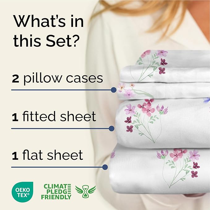 Floral Sheets - Butterfly Floral Bed Sheet Set - 1 Flat, 1 Fitted & 2 Pillowcases w/ Deep Pockets - Wrinkle & Fade Free - Boho Botanical Bedding - Ultra-Soft, Breathable and Cooling - King Size Set