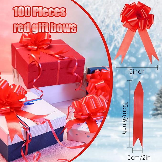 Yilloog 100 Pcs 5 Inch Christmas Pull Bows for Gift Wrapping, Gift Wrapping Pull Bows with Ribbon for Christmas Presents Wedding Decor Basket Bag Holiday Decor(Red)